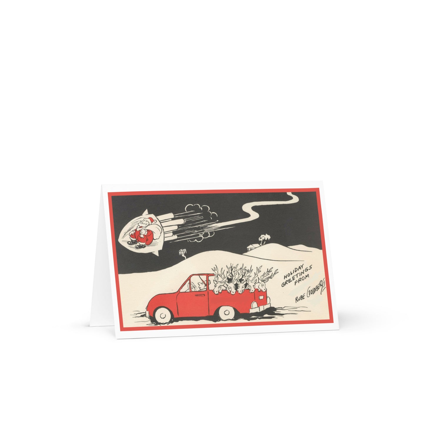 Holiday Greetings Rube Goldberg Illustrated card