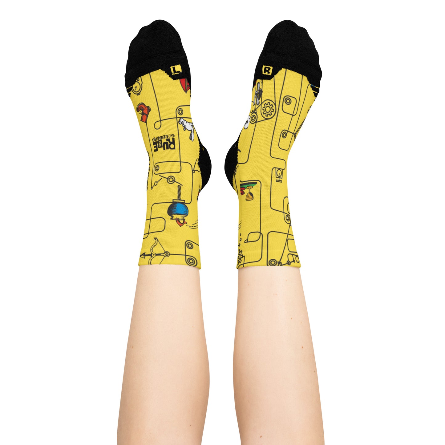 Rube Machines Pattern Yellow Crew Socks