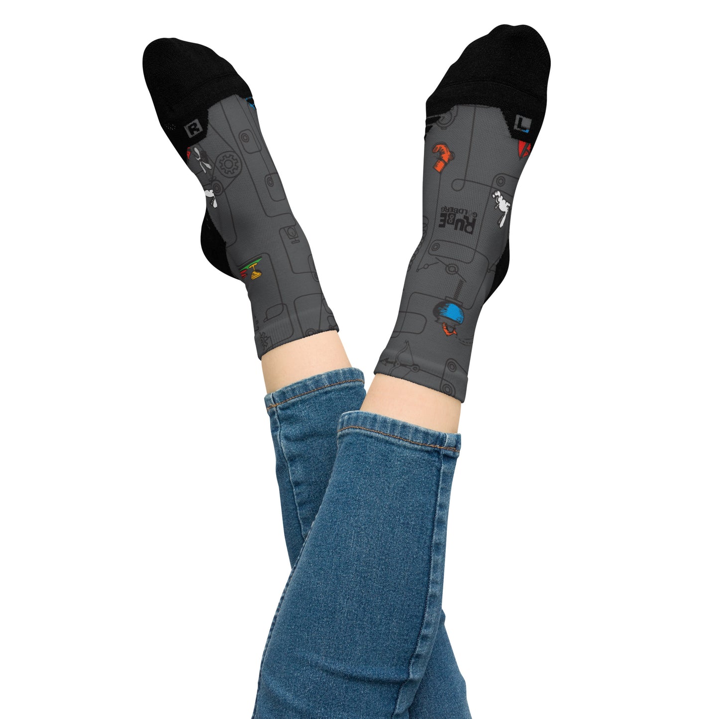 Rube Machines Pattern Charcoal Crew Socks